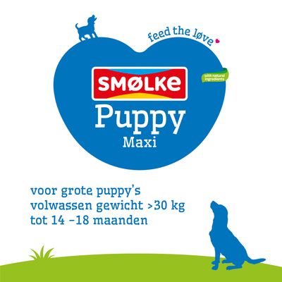 SMØLKE Puppy Maxi, met natuurlijke ingrediënten. Voor grote pups, volwassen gewicht over 30 kg, geschikt tot 14-18 maanden.