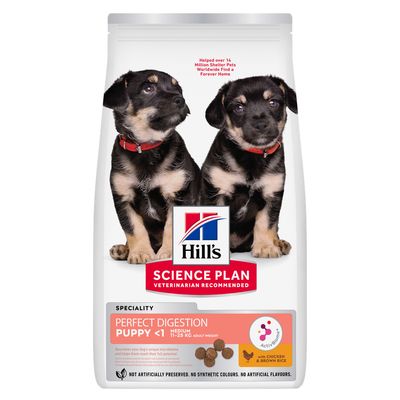 Hill's Science Plan Perfect Digestion Puppy <11kg Medium, with chicken and brown rice. Supports digestion with ActivBiome+ technology. No artificial colours or flavours.