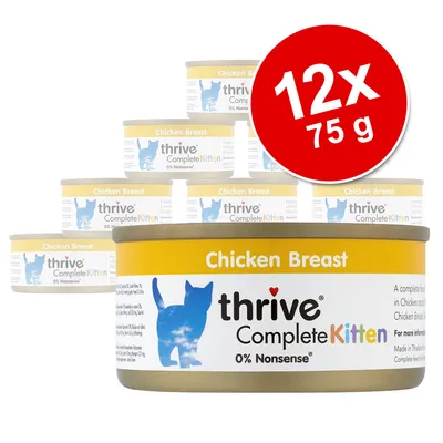 thrive Complete Kitten Chicken Breast 12×75 g konzerv, sárga-fehér címkével, 0% Nonsense felirattal, cicás grafika a dobozon