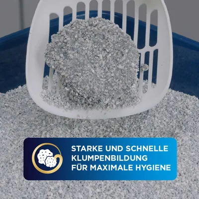 Katzenstreu mit Schaufel, Text: Starke und schnelle Klumpenbildung für maximale Hygiene.