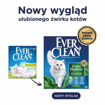 Ever Clean żwirek dla kotów w nowym opakowaniu, Extra Higiena, natychmiastowa kontrola zapachów, zapach wiosennego ogrodu, 10 l. Porównanie starego i nowego.
