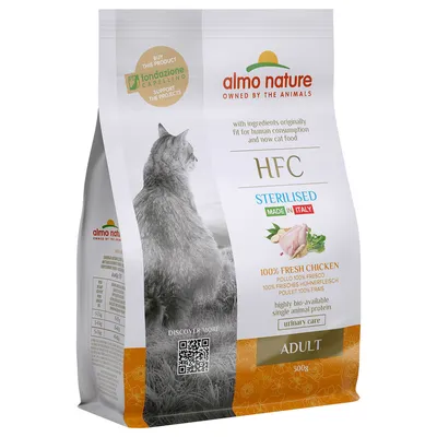 Almo Nature HFC Sterilised Adult kattefoder, 300g, med 100% frisk kyllingekød, fremstillet i Italien, støtter Fondazione Capellino. QR-kode for flere oplysninger.