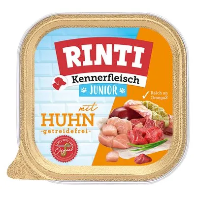 RINTI Kennerfleisch Junior met Huhn, graanvrij. Bevat zichtbaar vlees en orgaanvlees. Tekst: rijk aan Omega3. Productverpakking met merknaam en productinformatie.