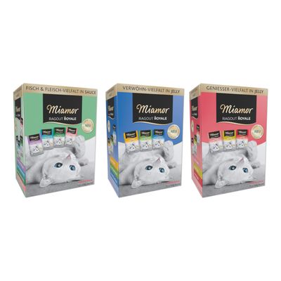 Miamor Ragout Royale macskaeledel multipack, háromféle csomagolásban, elöl nagy százalékos kedvezmény jelzés látható. Feliratok: FISCH & FLEISCH-VIELFALT IN SAUCE, 12×100g.