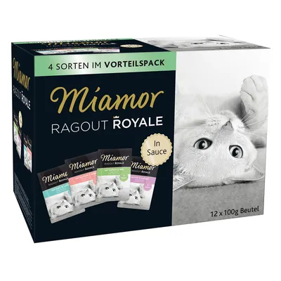 Miamor Ragout Royale in Sauce, Vorteilspack mit 4 Sorten, 12 x 100g Beutel. Sorten: Truthahn & Wild, Ente & Geflügel, Huhn & Lamm, Kalb & Pute.