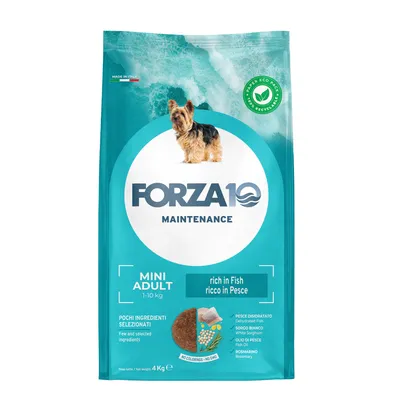 FORZA10 Maintenance Mini Adult 1-10 kg, ricco di pesce, pochi ingredienti selezionati, confezione ecologica in carta, 100% riciclabile, 4 kg. Made in Italy.