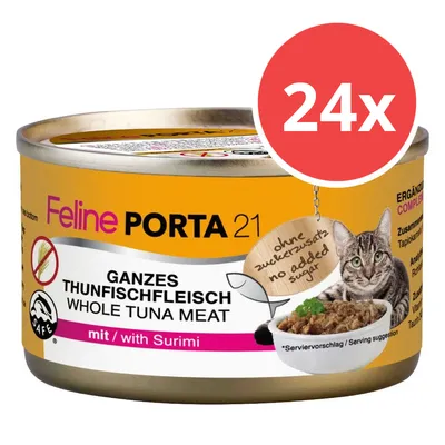 Feline Porta 21, Ganzes Thunfischfleisch mit Surimi, ohne Zuckerzusatz. Ergänzungsfutter für Katzen. Packung enthält 24 Dosen.