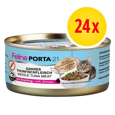 Feline Porta 21 Whole Tuna Meat with Shirasu, 24x. Teksti: 'ohne zuckerzusatz no added sugar'. Kuvassa kissanruokapurkki ja kissa ruoka-annoksen vieressä. Feline Porta 21 Whole Tuna Meat with Shirasu, 24x. Teksti: 'ohne zuckerzusatz no added sugar'. Kuvassa kissanruokapurkki ja kissa ruoka-annoksen vieressä.