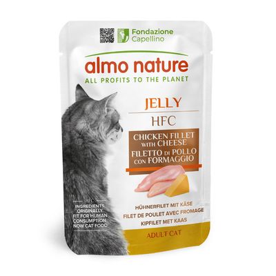 Almo Nature Jelly HFC пилешко филе с кашкавал. Съставки, първоначално подходящи за човешка консумация, сега котешка храна. За възрастни котки.