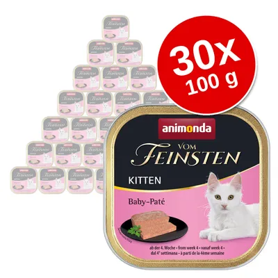 Animonda Vom Feinsten Kitten Baby-Paté, zestaw 30 x 100 g. Widoczne opakowanie z wizerunkiem białego kota i napisem Baby-Paté. Animonda Vom Feinsten Kitten Baby-Paté, zestaw 30 x 100 g. Widoczne opakowanie z wizerunkiem białego kota i napisem Baby-Paté.