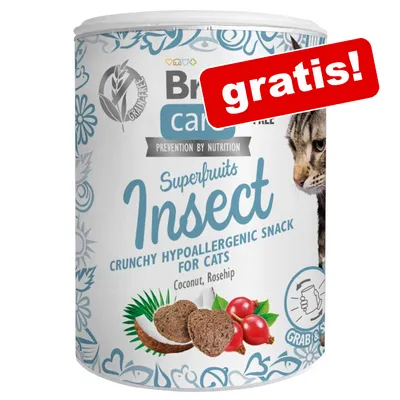 Blik Brit Care Superfruits Insect crunchy hypoallergenic snack for cats, kokosnoot, rozenbottel. Tekst: gratis! en grain free zichtbaar op verpakking.
