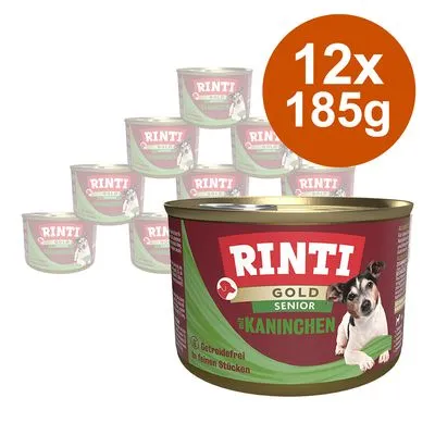 RINTI Gold Senior met konijn, 12 blikken à 185g. Op het blik: afbeelding van een hond, tekst 'Graanvrij in fijne stukjes'. RINTI Gold Senior met konijn, 12 blikken à 185g. Op het blik: afbeelding van een hond, tekst 'Graanvrij in fijne stukjes'.