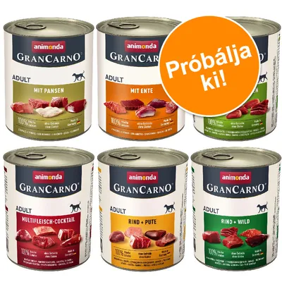 Animonda GranCarno Adult konzerv kutyaeledel: Mit Pansen, Mit Ente, Multifleich-Cocktail, Rind + Pute, Rind + Wild. Narancssárga körben: Próbálja ki!