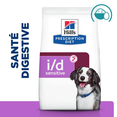 Hill's Prescription Diet i/d sensitive, santé digestive, sac de croquettes pour chien avec photo d’un chien et pictogramme bol d’aliments en haut à droite.