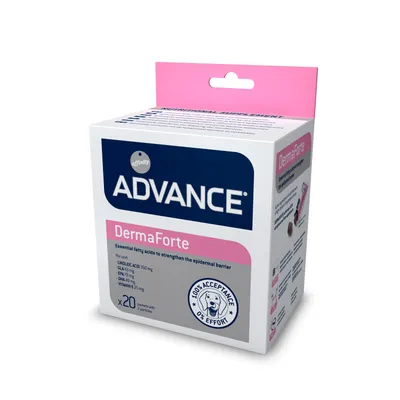 ADVANCE DermaForte, 20 annospakkausta. Teksti: Essential fatty acids to strengthen the epidermal barrier. Sisältää linolihappoa, GLA:ta, EPA:a, DHA:ta ja E-vitamiinia. 100% acceptance.