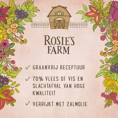Rosie's Farm. Graanvrij receptuur, 70% vlees of vis en slachtafval van hoge kwaliteit, verrijkt met zalmolie.