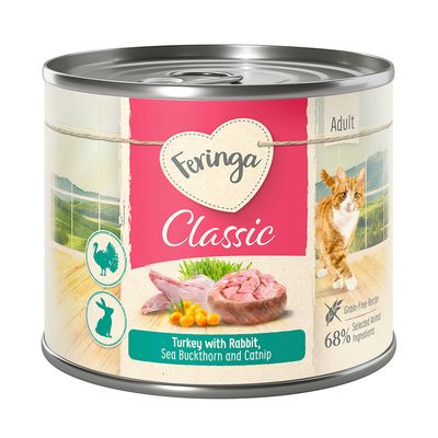 Boîte Feringa Classic pour chat adulte, texte visible : Turkey with Rabbit, Sea Buckthorn and Catnip, recette sans céréales, 68 % ingrédients animaux sélectionnés.