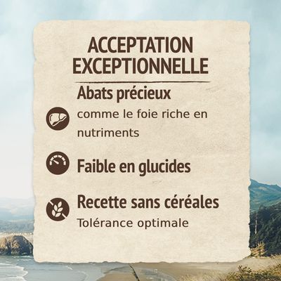ACCEPTATION EXCEPTIONNELLE. Abats précieux comme le foie riche en nutriments. Faible en glucides. Recette sans céréales, tolérance optimale.