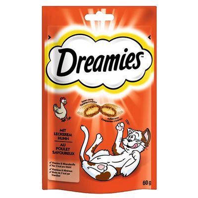 Dreamies kattensnacks 60 g, met lekkere kip. Tekst: vitamine & mineralen, slechts 2 kcal per snack. Afbeelding van een kat en kip zichtbaar op de verpakking.