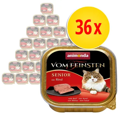 Animonda Vom Feinsten Senior mit Rind -kissan märkäruoka, 36 x annosrasia. Pakkauksessa kuva kissasta ja naudanlihapalasta, näkyvissä tuotteen nimi ja määrä.
