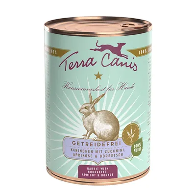 Terra Canis koiran märkäruoka, kaninlihaa, kesäkurpitsaa, aprikoosia ja borretsia. Teksti: Getreidefrei, 100 % Natur. Etiketissä kani ja tuotetiedot saksaksi ja englanniksi.