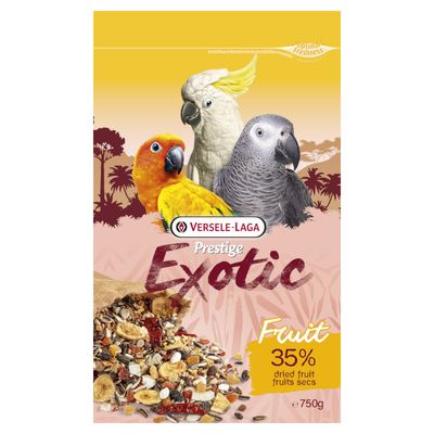 Versele-Laga Prestige Exotic Fruit, 35 % kuivattuja hedelmiä, 750 g. Kuvassa erilaisia papukaijoja sekä siementen ja hedelmien sekoitus.