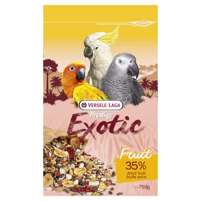 Versele-Laga Prestige Exotic Fruit, 35 % kuivattuja hedelmiä, 750 g. Kuvassa erilaisia papukaijoja sekä siementen ja hedelmien sekoitus. Versele-Laga Prestige Exotic Fruit, 35 % kuivattuja hedelmiä, 750 g. Kuvassa erilaisia papukaijoja sekä siementen ja hedelmien sekoitus.