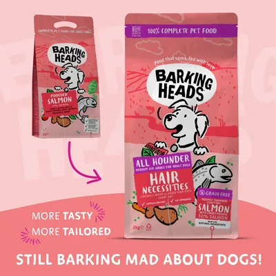 Barking Heads All Hounder Hair Necessities medium size kibble for adult dogs, grain free, 50% salmon, sweet potato, hypoallergenic, vet approved. More tasty, more tailored.
