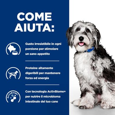 COME AIUTA: Gusto irresistibile in ogni porzione per stimolare un sano appetito. Proteine altamente digeribili per mantenere forza ed energia. Con tecnologia ActivBiome+ per nutrire il microbioma intestinale del tuo cane.