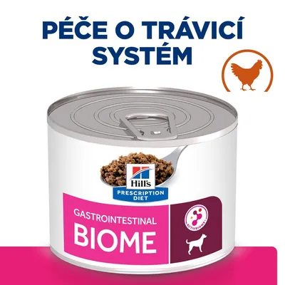 Konzerva Hill's Prescription Diet Gastrointestinal Biome, nápis Péče o trávicí systém, silueta kuřete, symbol psa a ActivBiome+ na obalu