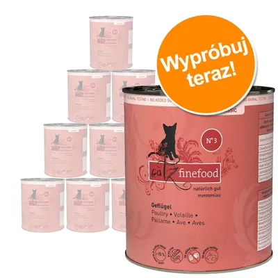 Zestaw puszek Cat Finefood N°3 Geflügel, widoczna etykieta z napisem 'Poultry', 'Volaille', 'Pollame', 'Ave', 'Aves' oraz pomarańczowe koło z tekstem 'Wypróbuj teraz!'. Zestaw puszek Cat Finefood N°3 Geflügel, widoczna etykieta z napisem 'Poultry', 'Volaille', 'Pollame', 'Ave', 'Aves' oraz pomarańczowe koło z tekstem 'Wypróbuj teraz!'.