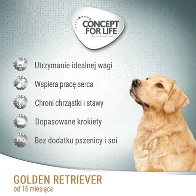 Concept for Life. Utrzymanie idealnej wagi, wspiera pracę serca, chroni chrząstki i stawy, dopasowane krokiety, bez dodatku pszenicy i soi. Golden Retriever od 15 miesiąca.