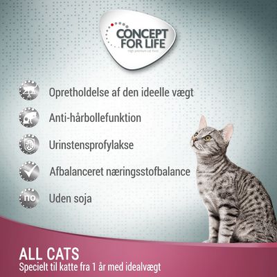 CONCEPT FOR LIFE. Opretholdelse af den ideelle vægt, anti-hårbollefunktion, urinstensprofylakse, afbalanceret næringsstofbalance, uden soja. ALL CATS til katte fra 1 år med idealvægt.