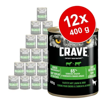 Set 12x400 g conserve Crave pentru câini, pastetă cu miel și vită, 65% ingrediente de origine animală, fără cereale, conținut ridicat de proteine. Text vizibil în germană și franceză.