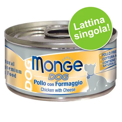 Monge DOG Pollo con Formaggio, lattina singola. Testo visibile: pollo fresco, cottura a vapore, contiene formaggio naturale. Etichetta anche in inglese: Chicken with Cheese.