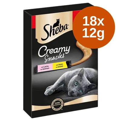 Sheba Creamy Snacks, 18x12g, mit Lachs au saumon, mit Huhn au poulet. OHNE Zuckerzusatz und Aromastoffe felirat látható a csomagoláson.