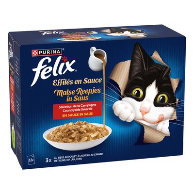 Purina felix Effilés en Sauce, Výber z vidieka, v omáčke, 12x porcií s hovädzím, kuracím, jahňacím, kačacím. Obrázok misky s mäsom v omáčke.