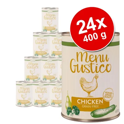 Menu Gustico Chicken Grain-Free, balenie 24×400 g. Viditeľné texty: Human Grade Quality, Ingredients, obrázok kuraťa a zeleniny na etikete konzervy. Menu Gustico Chicken Grain-Free, balenie 24×400 g. Viditeľné texty: Human Grade Quality, Ingredients, obrázok kuraťa a zeleniny na etikete konzervy.