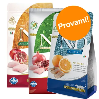 Tre confezioni di crocchette Farmina N&D per gatti adulti sterilizzati, varianti Ancestral Grain, Natural & Delicious e Ocean. Etichetta arancione con testo: Provami!