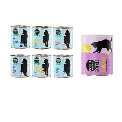 Cosma Kombi-Paket: 24 x 280 g Nature + 2 x 200 g Maxi Snackie XXL Mixpaket 2 (6 Sorten) + Hühnchen