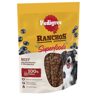 Pedigree Ranchos Superfoods beef treats with blueberries and wholegrains, made with 100% natural beef, boosted with superfoods, source of antioxidants, no added sugar. Pedigree Ranchos Superfoods beef treats with blueberries and wholegrains, made with 100% natural beef, boosted with superfoods, source of antioxidants, no added sugar.