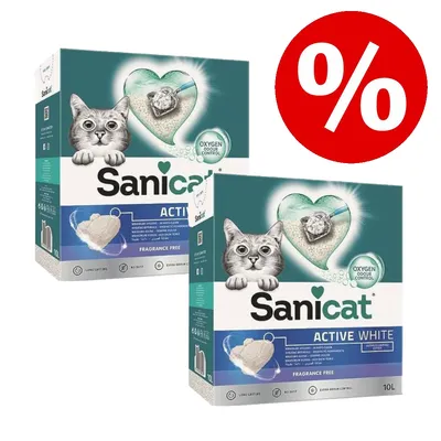 Sanicat Active White stelivo pre mačky, bez vône, s kontrolou zápachu pomocou kyslíka. Balenie zobrazuje detaily produktu a srdce s diamantom. Ponuka s červeným percentom.