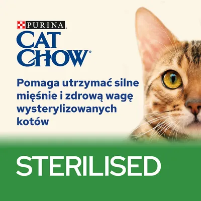 Purina Cat Chow. Pomaga utrzymać silne mięśnie i zdrową wagę wysterylizowanych kotów. STERILISED.
