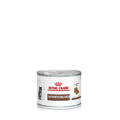Lata de comida húmida Royal Canin Gastrointestinal Kitten, com imagem de um gato e texto visível na embalagem.