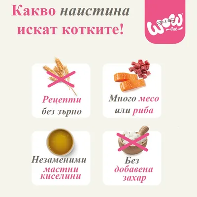 WOW Cat. Беззърнени рецепти, много месо или риба, есенциални мастни киселини, без добавена захар. WOW Cat. Беззърнени рецепти, много месо или риба, есенциални мастни киселини, без добавена захар.