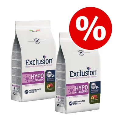 To poser Exclusion Monoprotein Veterinary Diet Formula HYPOALLERGENIC til medium & large breed, tekst: Horse & Potato. Rød procenttegn indikerer tilbud eller rabat.