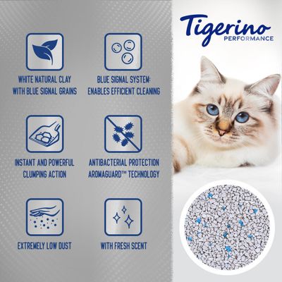 Tigerino Performance. White natural clay with blue signal grains, blue signal system enables efficient cleaning, instant and powerful clumping action, antibacterial protection Aromaguard technology, extremely low dust, with fresh scent. Tekst na engleskom jeziku.