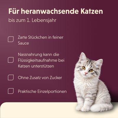 Pour les chatons jusqu'à 1 an : tendres morceaux en sauce, aliment humide favorisant l'apport en eau, sans ajout de sucre, portions individuelles pratiques.