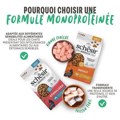 Schesir Animal Formule Monoprotéine pour chats, variantes adulte et stérilisé. Viande ou poisson frais comme seule source de protéines, adapté en cas d’intolérances alimentaires.