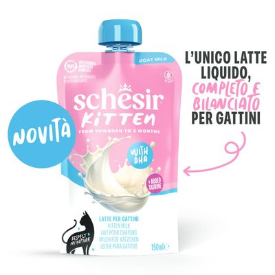 Schesir Latte per gattini, con DHA e taurina, senza cereali, 150 ml. Testo: L’unico latte liquido, completo e bilanciato per gattini.